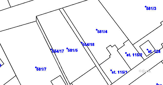 Parcela st. 554/18 v KÚ Podluhy, Katastrální mapa