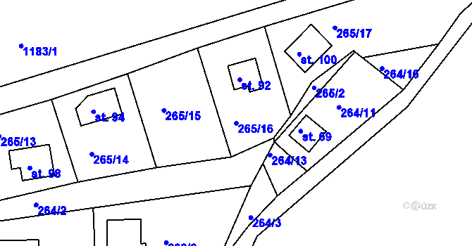 Parcela st. 265/16 v KÚ Hradiště nad Berounkou, Katastrální mapa