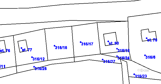 Parcela st. 316/17 v KÚ Hradiště nad Berounkou, Katastrální mapa