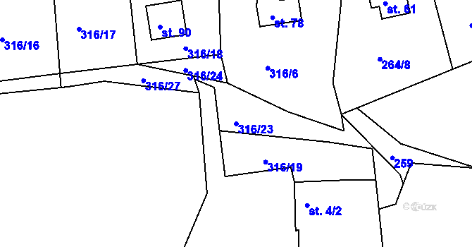 Parcela st. 316/23 v KÚ Hradiště nad Berounkou, Katastrální mapa