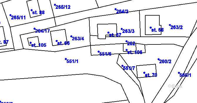 Parcela st. 551/6 v KÚ Hradiště nad Berounkou, Katastrální mapa