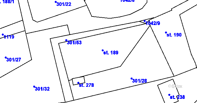 Parcela st. 189 v KÚ Podmokly nad Berounkou, Katastrální mapa