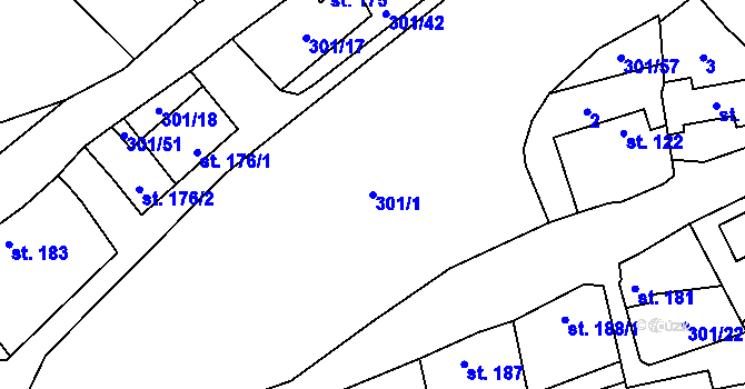 Parcela st. 301/1 v KÚ Podmokly nad Berounkou, Katastrální mapa