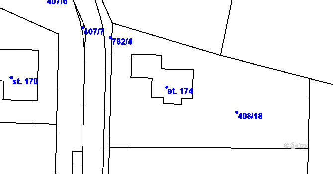 Parcela st. 174 v KÚ Podmoky u Městce Králové, Katastrální mapa