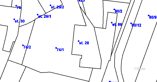 Parcela st. 28 v KÚ Podolí u Bouzova, Katastrální mapa