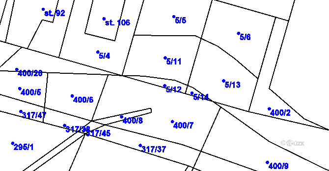 Parcela st. 5/12 v KÚ Podolí u Bouzova, Katastrální mapa