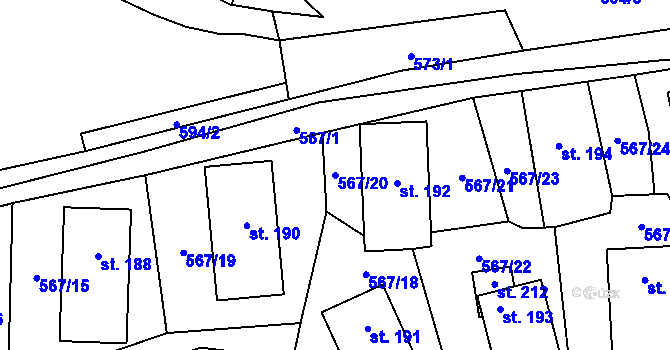 Parcela st. 567/20 v KÚ Olešná nad Vltavou, Katastrální mapa
