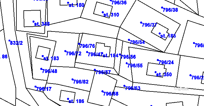 Parcela st. 184 v KÚ Podolí I, Katastrální mapa