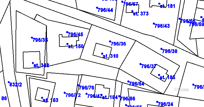 Parcela st. 310 v KÚ Podolí I, Katastrální mapa