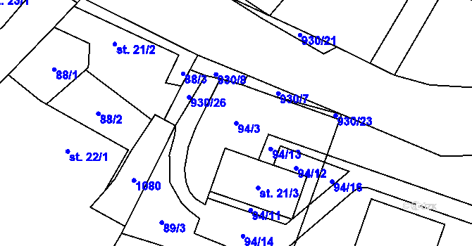 Parcela st. 94/3 v KÚ Podolí I, Katastrální mapa