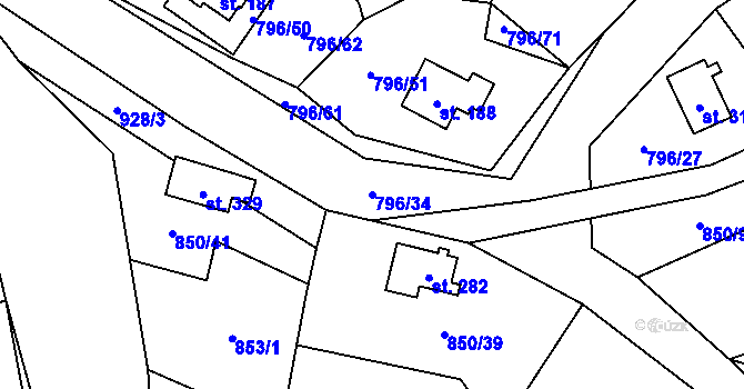 Parcela st. 796/34 v KÚ Podolí I, Katastrální mapa