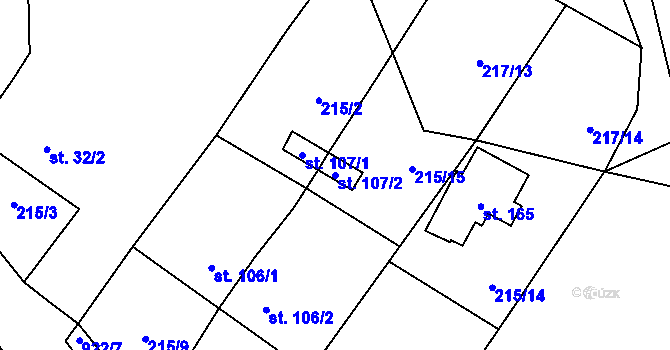 Parcela st. 107/2 v KÚ Podolí I, Katastrální mapa