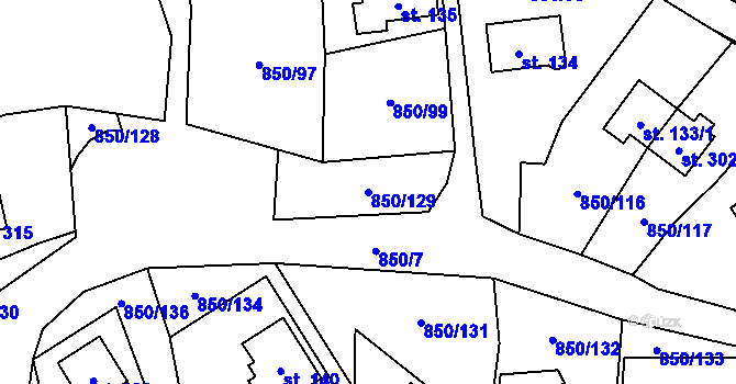 Parcela st. 850/129 v KÚ Podolí I, Katastrální mapa