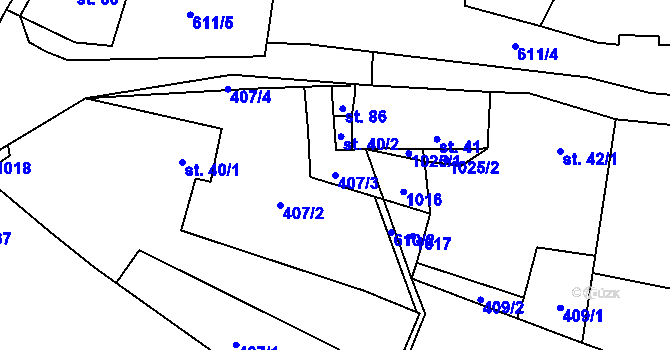 Parcela st. 407/3 v KÚ Obřice, Katastrální mapa