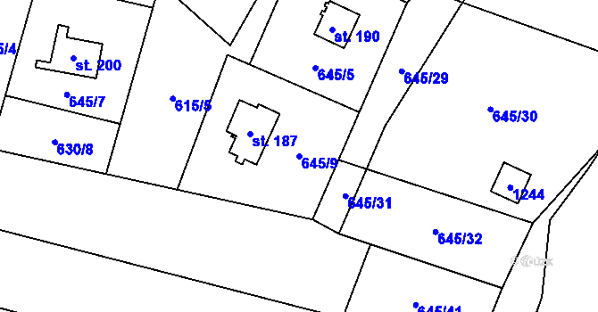 Parcela st. 645/9 v KÚ Podvihov, Katastrální mapa