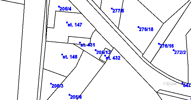 Parcela st. 205/12 v KÚ Pohled, Katastrální mapa