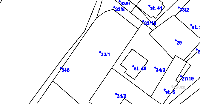 Parcela st. 33/1 v KÚ Simtany, Katastrální mapa