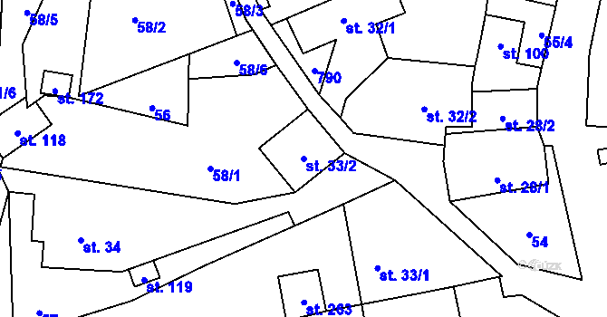 Parcela st. 33/2 v KÚ Pohořany, Katastrální mapa
