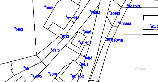 Parcela st. 197 v KÚ Pohořany, Katastrální mapa
