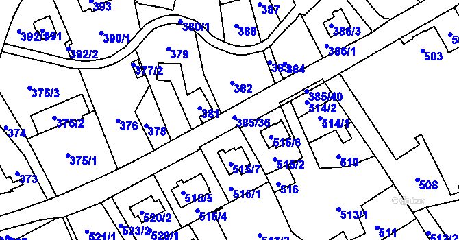 Parcela st. 385 v KÚ Pohoří u Dobrušky, Katastrální mapa