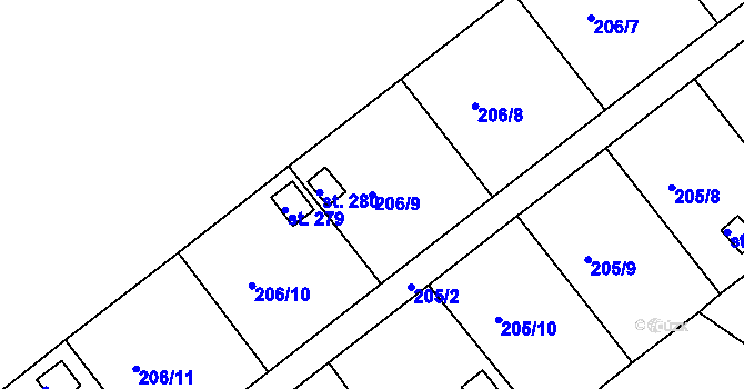 Parcela st. 206/9 v KÚ Polepy u Kolína, Katastrální mapa