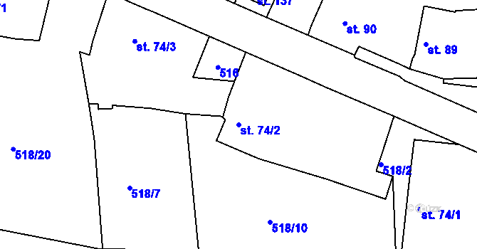 Parcela st. 74/2 v KÚ Okna u Polep, Katastrální mapa