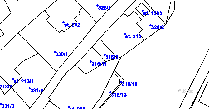 Parcela st. 316/3 v KÚ Polná, Katastrální mapa
