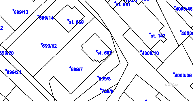 Parcela st. 567 v KÚ Pomezí, Katastrální mapa
