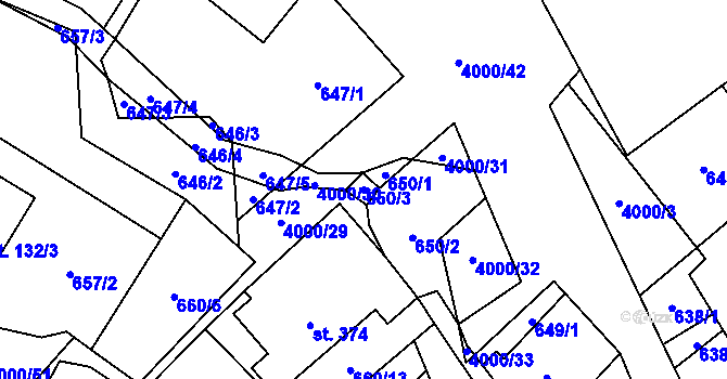 Parcela st. 650/3 v KÚ Pomezí, Katastrální mapa