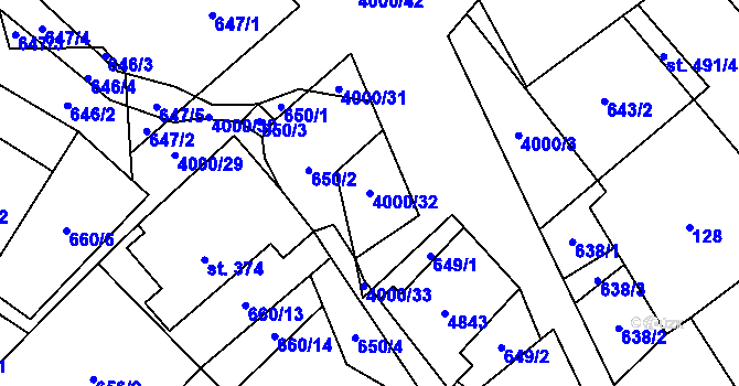Parcela st. 4000/32 v KÚ Pomezí, Katastrální mapa