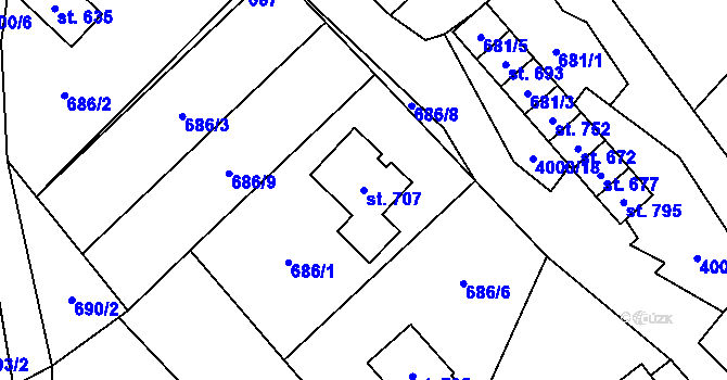 Parcela st. 707 v KÚ Pomezí, Katastrální mapa