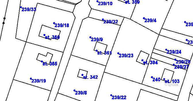 Parcela st. 361 v KÚ Tůně, Katastrální mapa