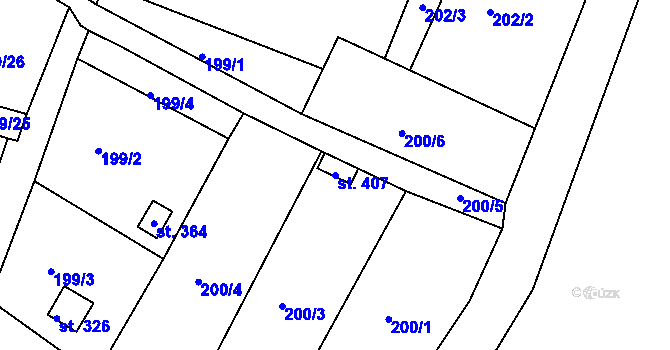 Parcela st. 407 v KÚ Tůně, Katastrální mapa