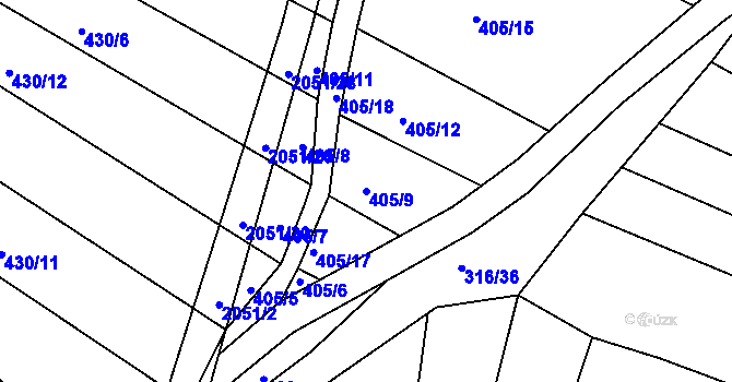 Parcela st. 405/9 v KÚ Ponědrážka, Katastrální mapa