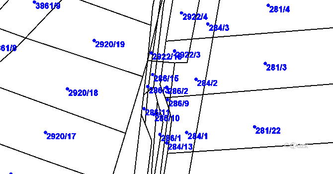 Parcela st. 286/2 v KÚ Ponětovice, Katastrální mapa