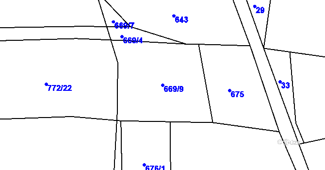 Parcela st. 669/9 v KÚ Ponikev, Katastrální mapa