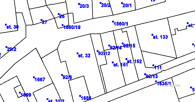 Parcela st. 92/12 v KÚ Popelín, Katastrální mapa