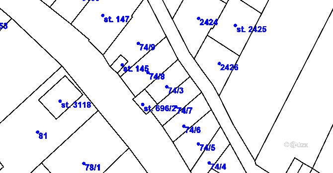 Parcela st. 74/3 v KÚ Popice, Katastrální mapa