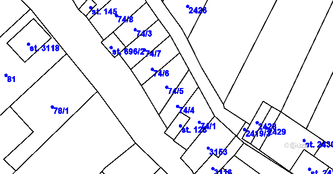 Parcela st. 74/5 v KÚ Popice, Katastrální mapa
