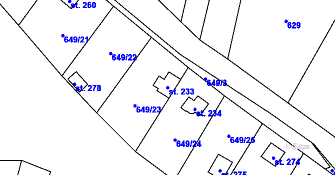 Parcela st. 233 v KÚ Poplze, Katastrální mapa