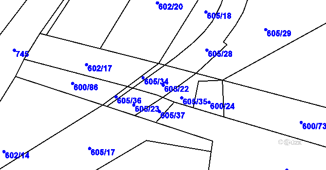 Parcela st. 605/22 v KÚ Poplze, Katastrální mapa