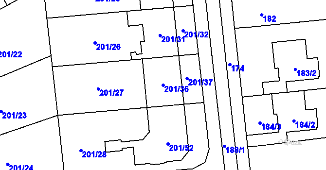 Parcela st. 201/36 v KÚ Popovice u Rajhradu, Katastrální mapa