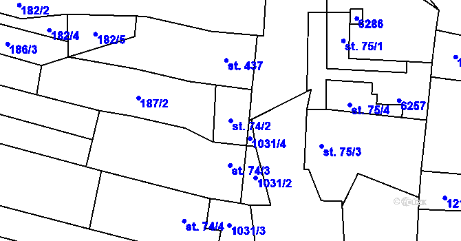 Parcela st. 74/2 v KÚ Popovice u Uherského Hradiště, Katastrální mapa
