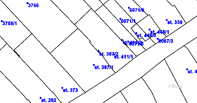 Parcela st. 387/2 v KÚ Popovice u Uherského Hradiště, Katastrální mapa
