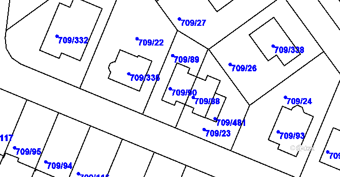 Parcela st. 709/90 v KÚ Popůvky u Brna, Katastrální mapa