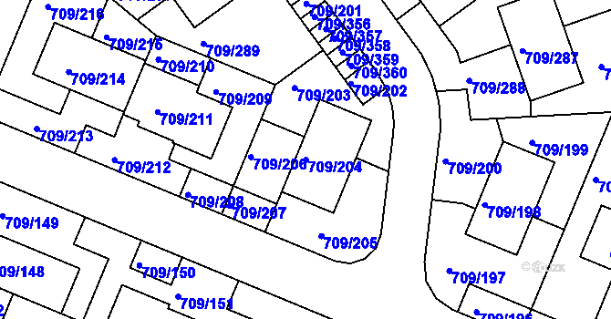 Parcela st. 709/204 v KÚ Popůvky u Brna, Katastrální mapa