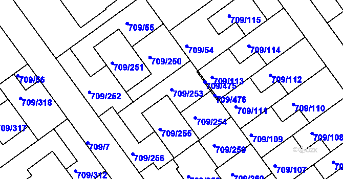 Parcela st. 709/253 v KÚ Popůvky u Brna, Katastrální mapa