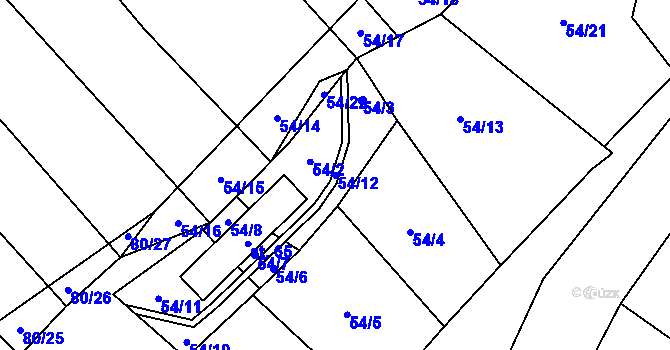 Parcela st. 54/12 v KÚ Popůvky nad Jihlavou, Katastrální mapa
