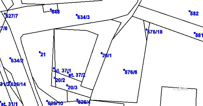 Parcela st. 20/1 v KÚ Popůvky nad Jihlavou, Katastrální mapa