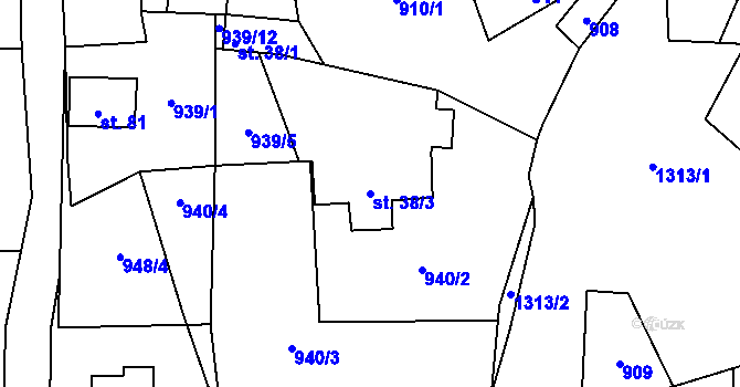 Parcela st. 38/3 v KÚ Pořešice, Katastrální mapa